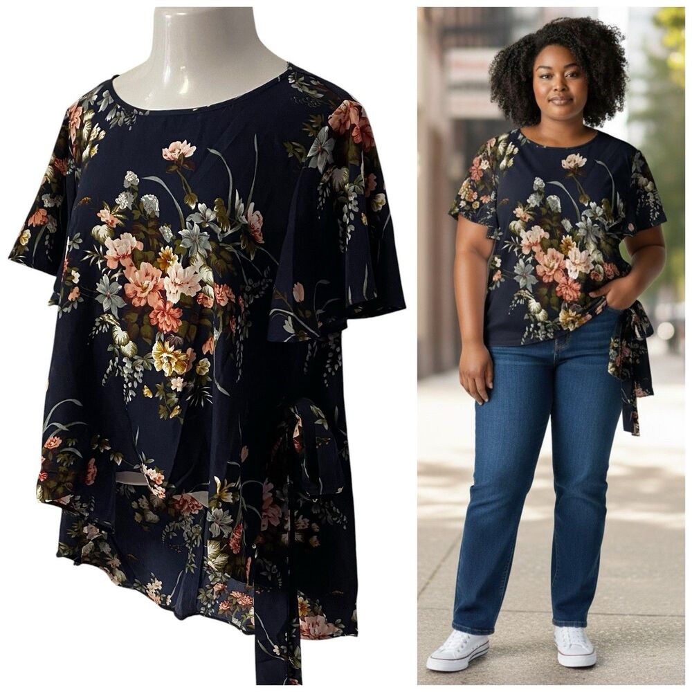 Shein Top Womens Sz 0XL Dark Floral Blouse Hi Low Flutter Sleeve Cottagecore